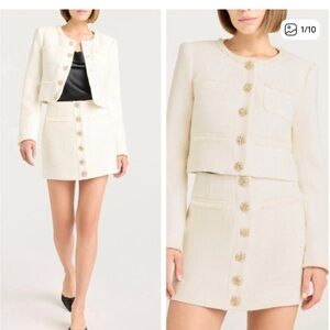 cinq a sept ivory tweed mini skirt with gold buttons